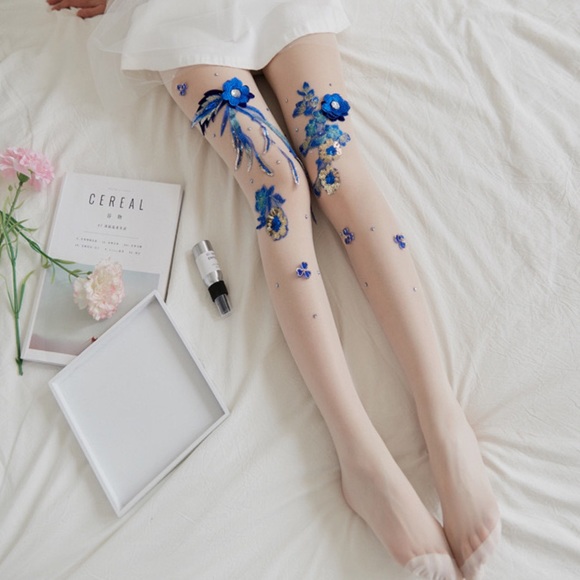 Handmade Sheer Stockings w/ Blue Flowers & Sequins - Picture 4 of 7